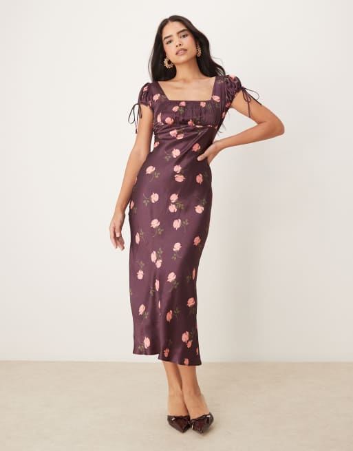 ASOS DESIGN - Robe longue en satin nouée devant à imprimé roses - Bordeaux, 2 de 4