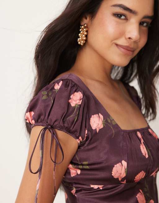 ASOS DESIGN - Robe longue en satin nouée devant à imprimé roses - Bordeaux, 4 de 4