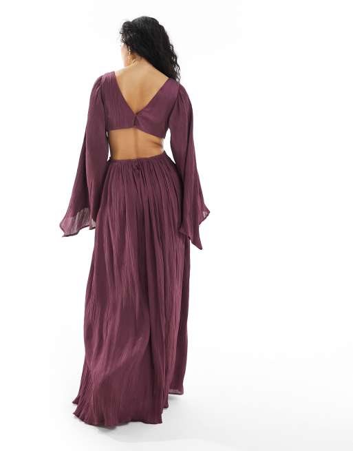 ASOS DESIGN - Robe longue en satin plissé avec anneaux à la taille et manches kimono - Violet, 3 de 4