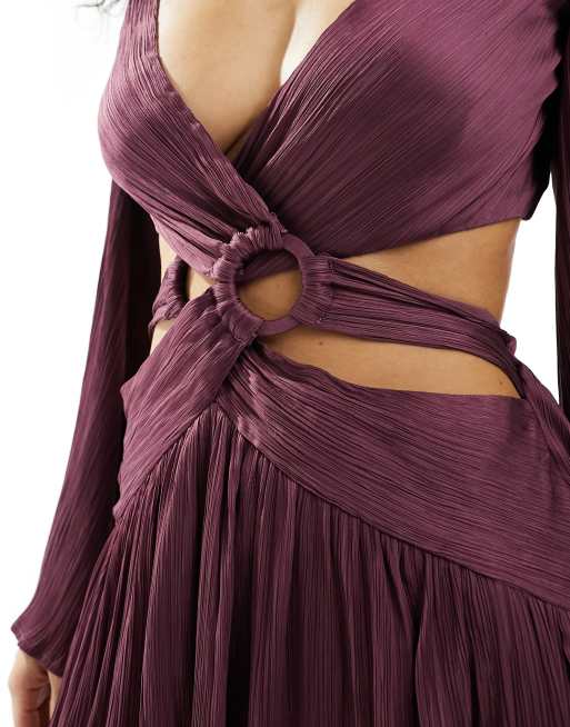 ASOS DESIGN - Robe longue en satin plissé avec anneaux à la taille et manches kimono - Violet, 4 de 4