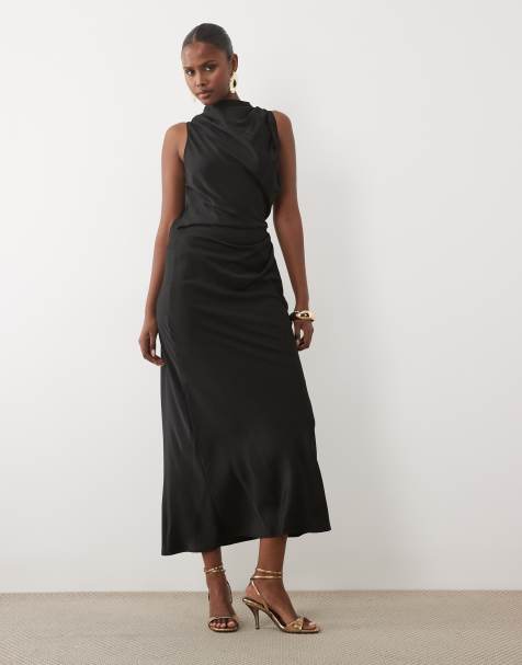 ASOS DESIGN - Robe longue en satin plissé avec encolure montante et corsage froncé - Noir - view 1
