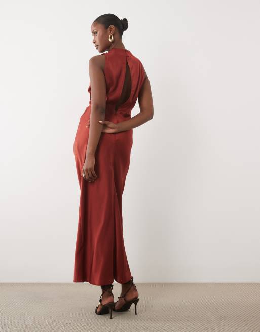 ASOS DESIGN - Robe longue en satin plissé avec encolure montante - Terracotta, 3 de 4