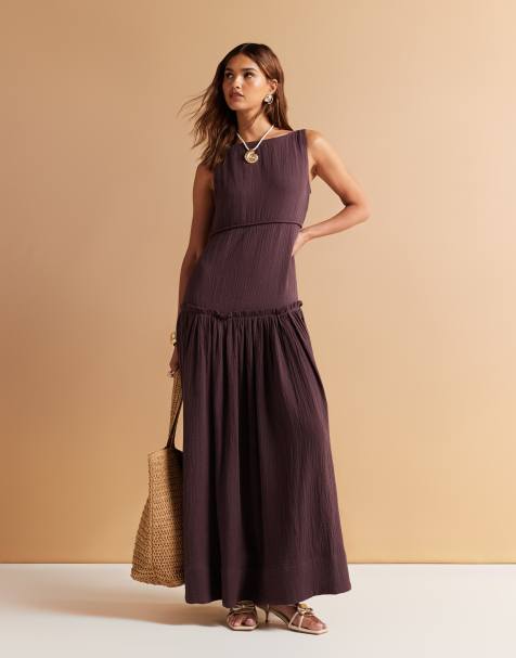 ASOS DESIGN - Robe longue en tissu lavé avec encolure bateau et détails cousus - Chocolat amer - view 1