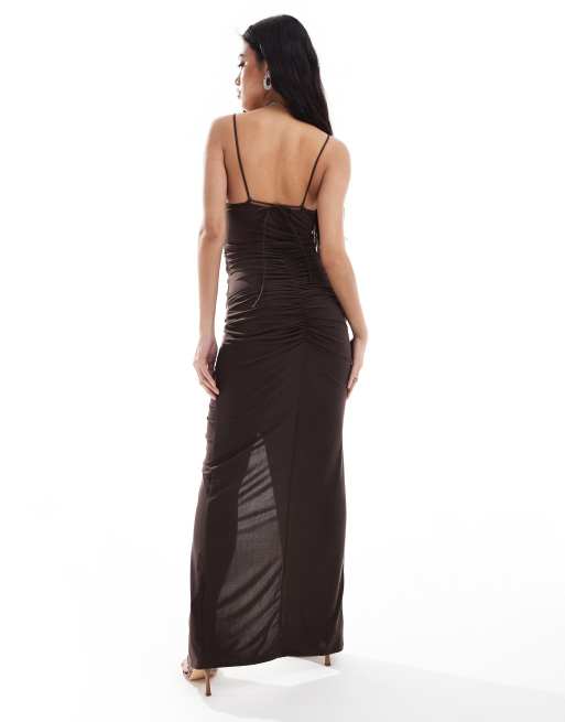 ASOS DESIGN Robe longue en tulle a bretelles et grosse fleur Chocolat ASOS