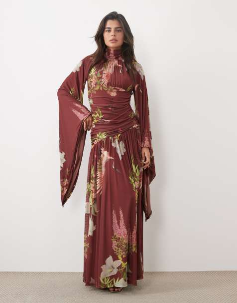 ASOS DESIGN robe longue en tulle à col montant avec détail de manches cascade, olive - view 1