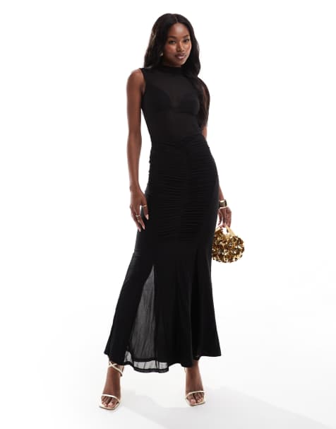 ASOS DESIGN - Robe longue en tulle à col montant avec jupe froncée et bonnets préformés - Noir - view 1