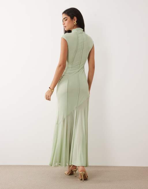 ASOS DESIGN - Robe longue en tulle à col montant et coutures apparentes - Vert sauge, 4 de 4