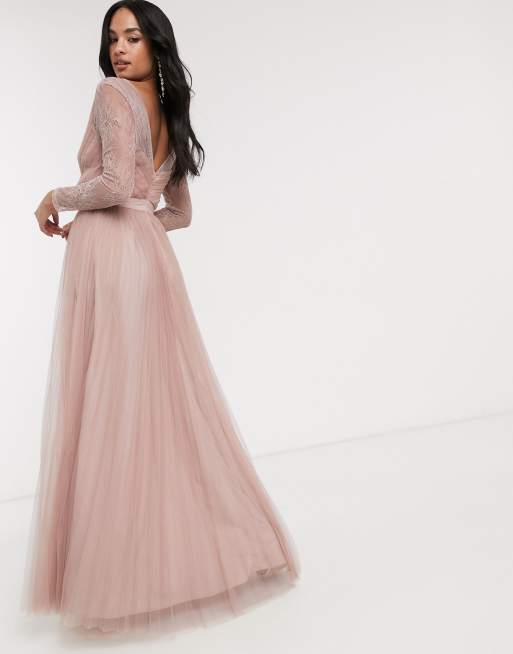 ASOS DESIGN Robe longue en tulle d collet plongeant avec manches en dentelle et ornements sur le bord de la taille Vieux rose