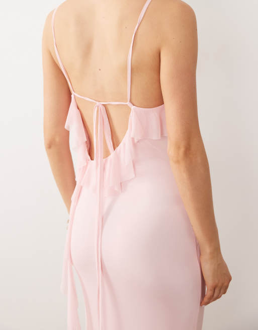 ASOS DESIGN - Robe longue en tulle à décolleté plongeant, dos nu et volants - Rose pastel, 3 de 4