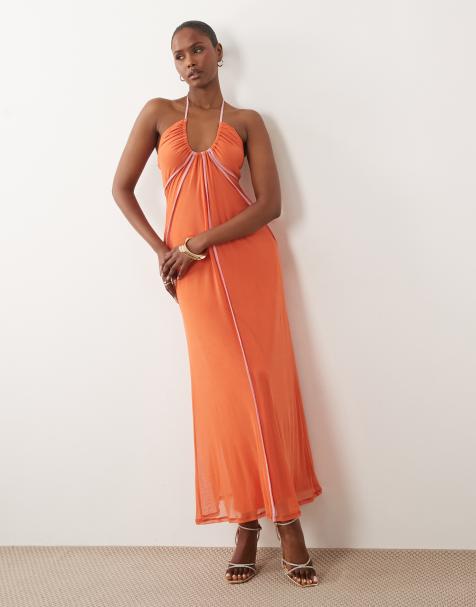 ASOS DESIGN - Robe longue en tulle à encolure américaine dégagée - Orange - view 1