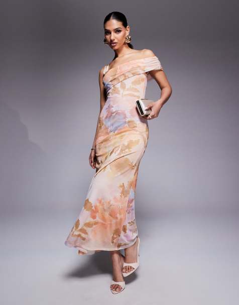 ASOS DESIGN - Robe longue en tulle à encolure Bardot asymétrique avec une bretelle fine - Imprimé fleurs - view 1