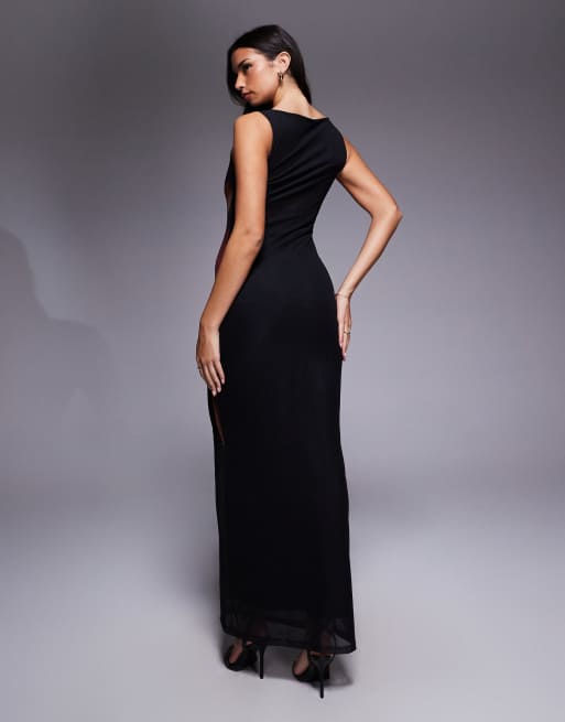 ASOS DESIGN - Robe longue en tulle à encolure bateau et imprimé fleurs positionné - Noir, 4 de 4