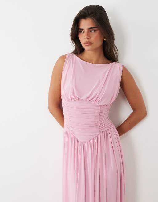 ASOS DESIGN - Robe longue en tulle à encolure bateau et ourlet boule asymétrique - Rose, 3 de 4