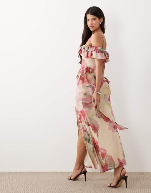 ASOS DESIGN - Robe longue en tulle à épaules dénudées et volants asymétriques - Rose fleuri, 4 de 4