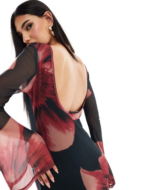 ASOS DESIGN - Robe longue en tulle à fleurs roses avec dos échancré et manches ange, 4 de 4
