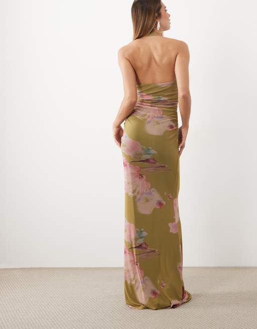 ASOS DESIGN robe longue en tulle à imprimé fleuri, décolleté en cœur, coupe sirène, jaune fleuri, 3 de 4
