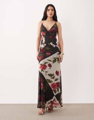 ASOS DESIGN - Robe longue en tulle à imprimé fleurs style patchwork avec col bénitier et coutures apparentes-Multicolore