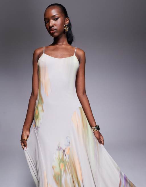 ASOS DESIGN - Robe longue en tulle à imprimé floral flouté et encolure dégagée, 3 de 4