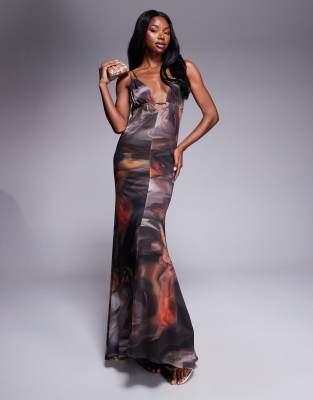 ASOS DESIGN - Robe longue en tulle à liens et imprimé tourbillons avec décolleté plongeant et doubles bretelles-Multicolore