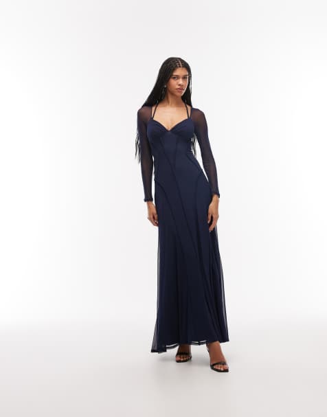 ASOS DESIGN - Robe longue en tulle à manches longues à coutures apparentes - Bleu marine - view 1