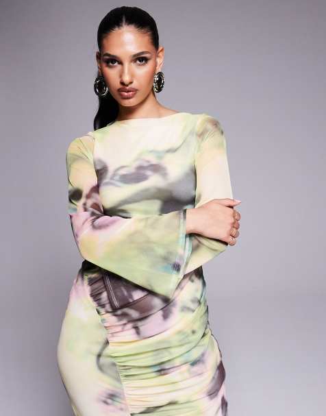 ASOS DESIGN - Robe longue en tulle à manches longues avec liens doubles au dos et imprimé fleurs - Jaune et vert - view 1