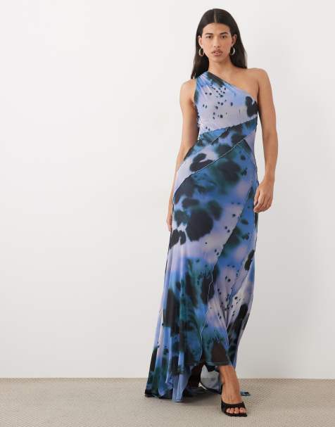 ASOS DESIGN robe longue en tulle à une épaule avec coutures apparentes et ourlet large, imprimé bleu flou - view 1
