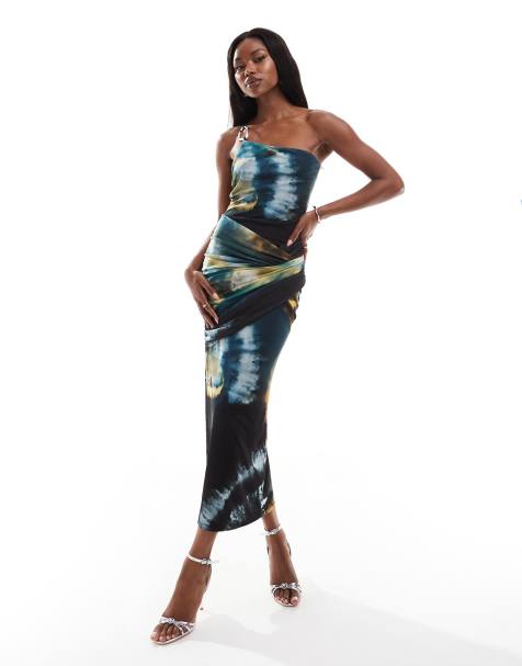 ASOS DESIGN - Robe longue en tulle avec col bénitier à imprimé effet marbré - Vert - view 1