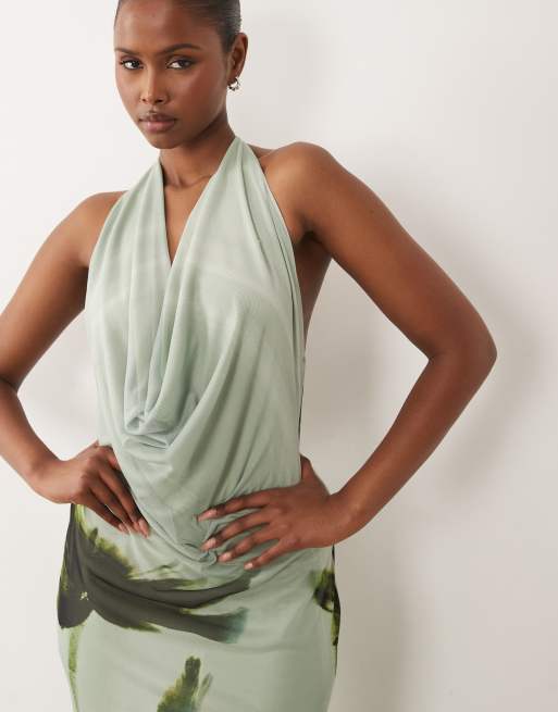 ASOS DESIGN - Robe longue en tulle avec col bénitier et imprimé fleurs- Sarcelle, 3 de 4