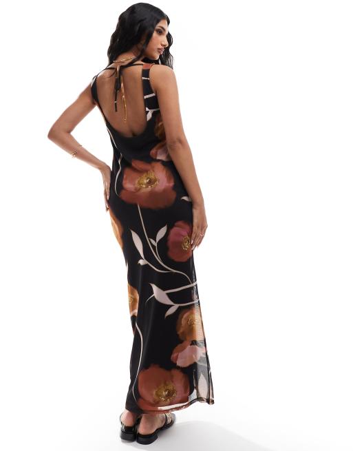 ASOS DESIGN - Robe longue en tulle avec col bénitier et liens noués - Noir à imprimé fleurs, 4 de 4