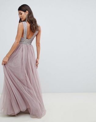 asos design maxi dress in tulle with embellished bodice