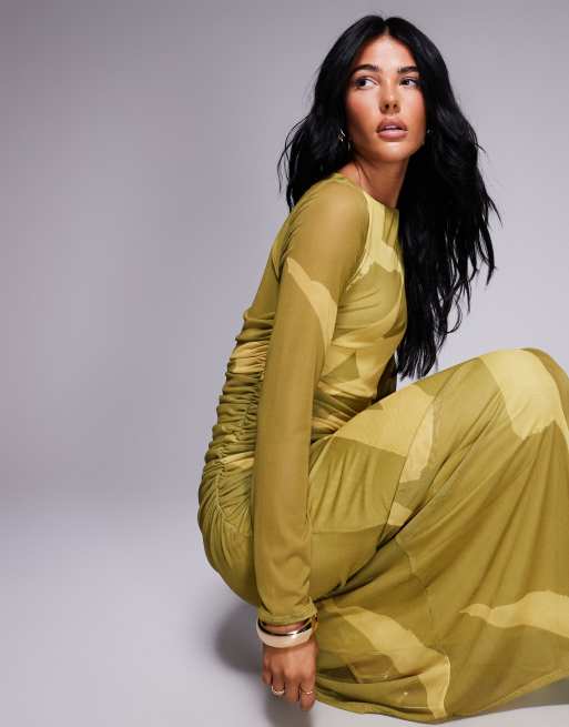 ASOS DESIGN - Robe longue en tulle avec fronces et manches longues - Imprimé abstrait, 3 de 4