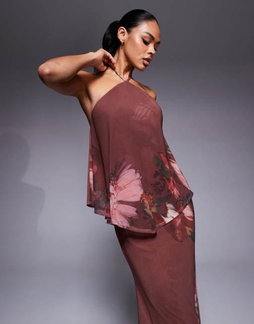ASOS DESIGN - Robe longue en tulle avec imprimé et dos nu et superposition transparente - Imprimé fleurs, 3 de 4
