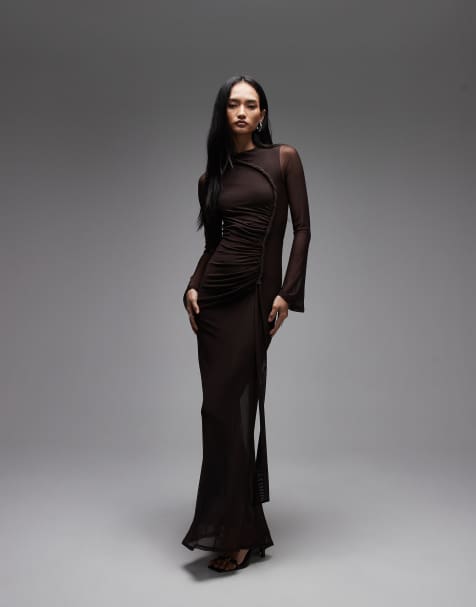 ASOS DESIGN - Robe longue en tulle avec manches longues et détail torsadé - Marron - view 1