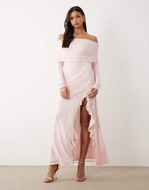ASOS DESIGN - Robe longue en tulle drapé à encolure Bardot et volants - Rose pastel - view 1