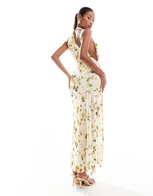 ASOS DESIGN Robe longue en tulle effet tie dye avec detail drape et encolure americaine Jaune ASOS
