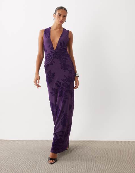 ASOS DESIGN robe longue en tulle floqué à décolleté plongeant et taille froncée violet - view 1