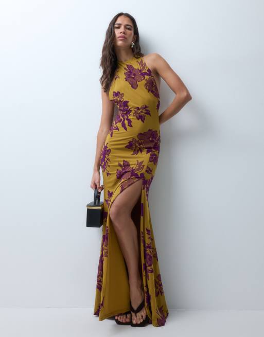 ASOS DESIGN robe longue en tulle floqué à dos nu fendue, marron et prune, 2 de 4