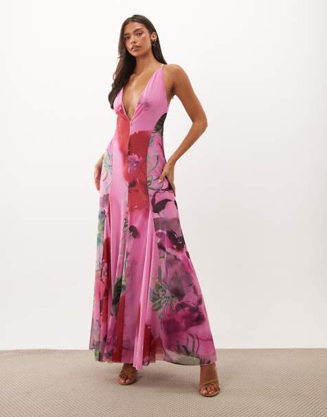 ASOS DESIGN robe longue en tulle imprimé à décolleté plongeant violet à fleurs - view 1
