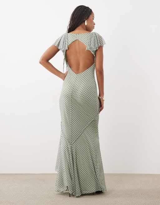 ASOS DESIGN robe longue en tulle imprimé à volants avec dos nu à pois bleu et marron, 4 de 4