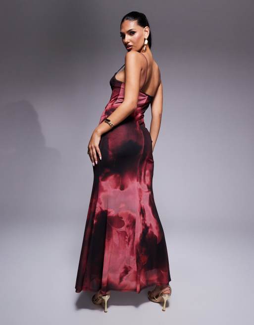 ASOS DESIGN - Robe longue en tulle imprimé abstrait avec ourlet plongeant et bonnets préformés - Rose, 3 de 4