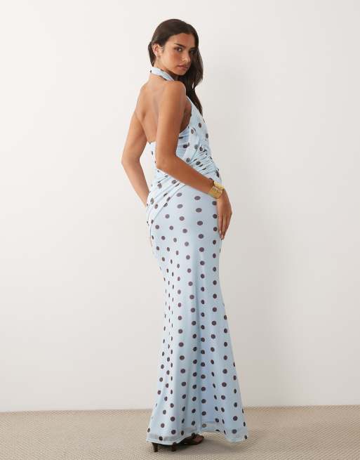 ASOS DESIGN - Robe longue en tulle imprimé avec dos nu et détail drapé - Bleu à pois, 2 de 4