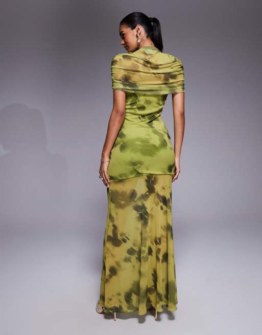 ASOS DESIGN - Robe longue en tulle imprimé avec superposition froncée et jupe transparente - Vert fleuri, 2 de 4