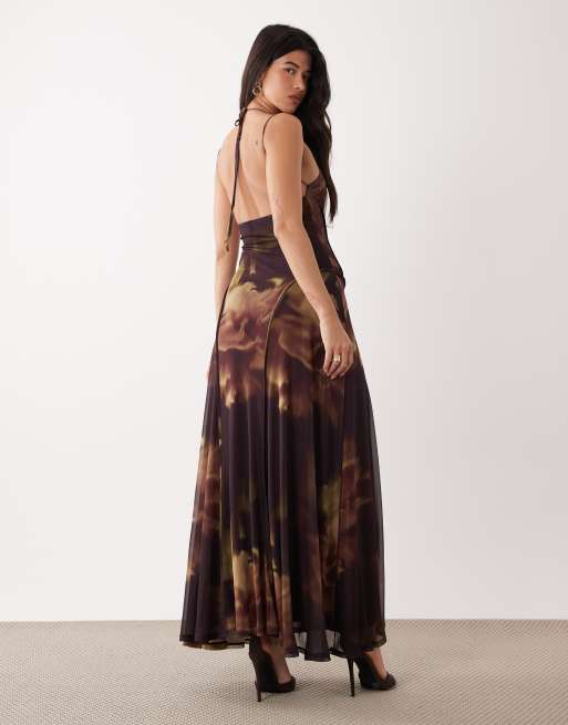 ASOS DESIGN - Robe longue en tulle imprimé fleuri flou à coutures apparentes - Foncé, 2 de 4