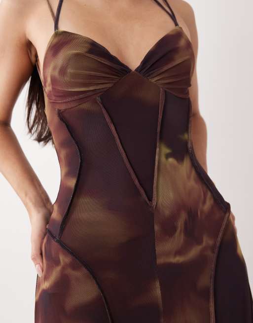 ASOS DESIGN - Robe longue en tulle imprimé fleuri flou à coutures apparentes - Foncé, 3 de 4