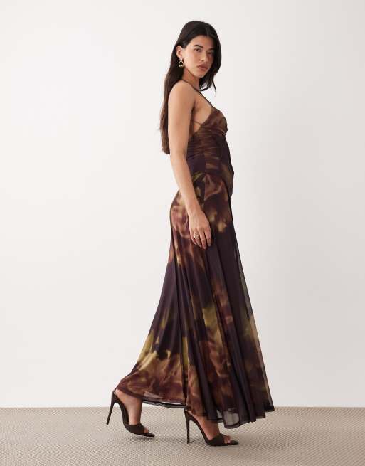 ASOS DESIGN - Robe longue en tulle imprimé fleuri flou à coutures apparentes - Foncé, 4 de 4