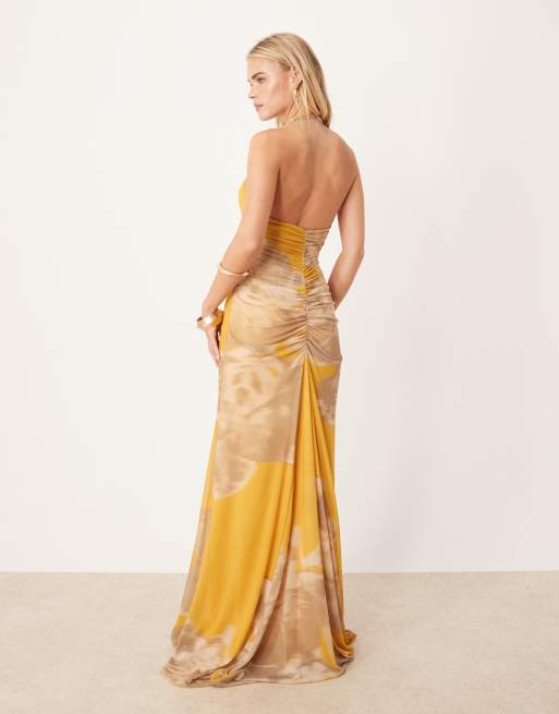 ASOS DESIGN - Robe longue en tulle imprimé fleurs drapé avec foulard et finitions dorées - Jaune, 3 de 4