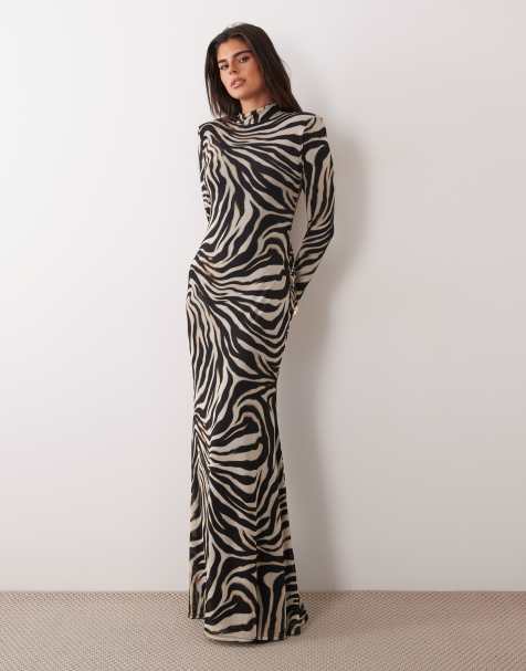 ASOS DESIGN robe longue en tulle imprimé zèbre et animal, à grand col bénitier, avec large ceinture et épaulettes, multicolore - view 1