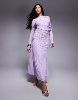 Robe longue en tulle mélangé avec manches longues et encolure Bardot drapée - Lilas-Violet 38