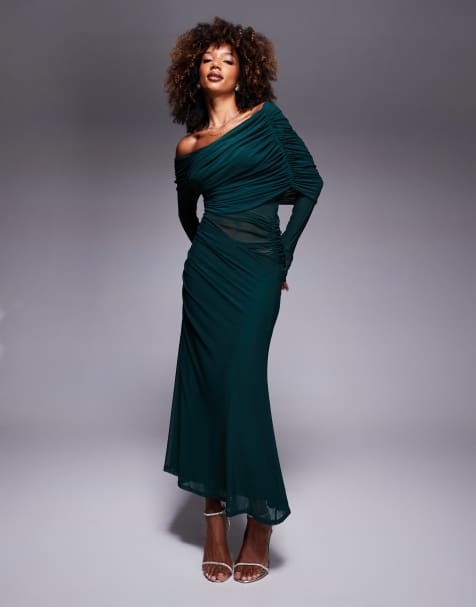 ASOS DESIGN - Robe longue en tulle mélangé avec manches longues et encolure Bardot drapée - Vert bouteille - view 1