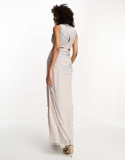 ASOS DESIGN - Robe longue en tulle ornée de bijoux avec découpes - Beige, 3 de 4